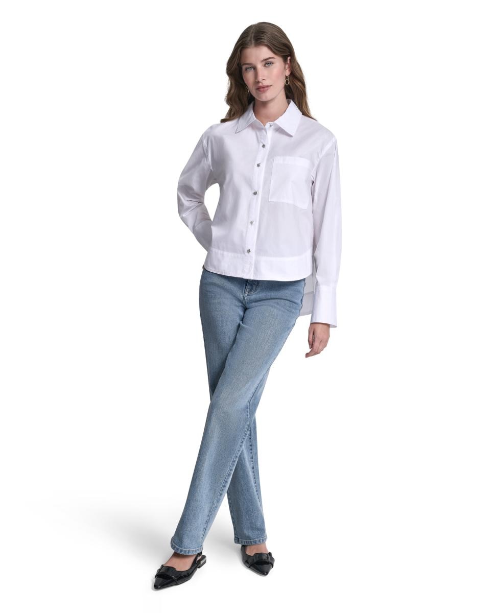 Camisa de mulher com manga comprida Branco-5
