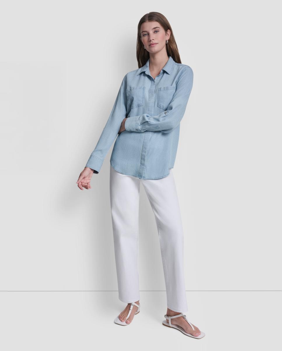 Camisa de tencel Azul-5
