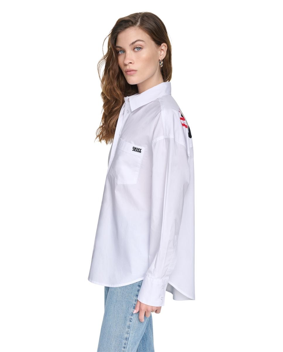Camisa de Manga Comprida com Fecho de Botões com Detalhe de Logótipo no Bolso Branco-2