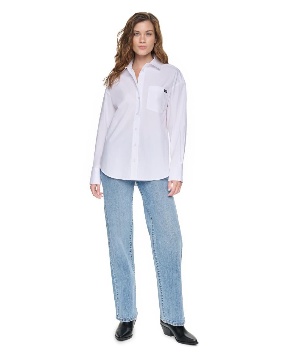 Camisa de Manga Comprida com Fecho de Botões com Detalhe de Logótipo no Bolso Branco-5
