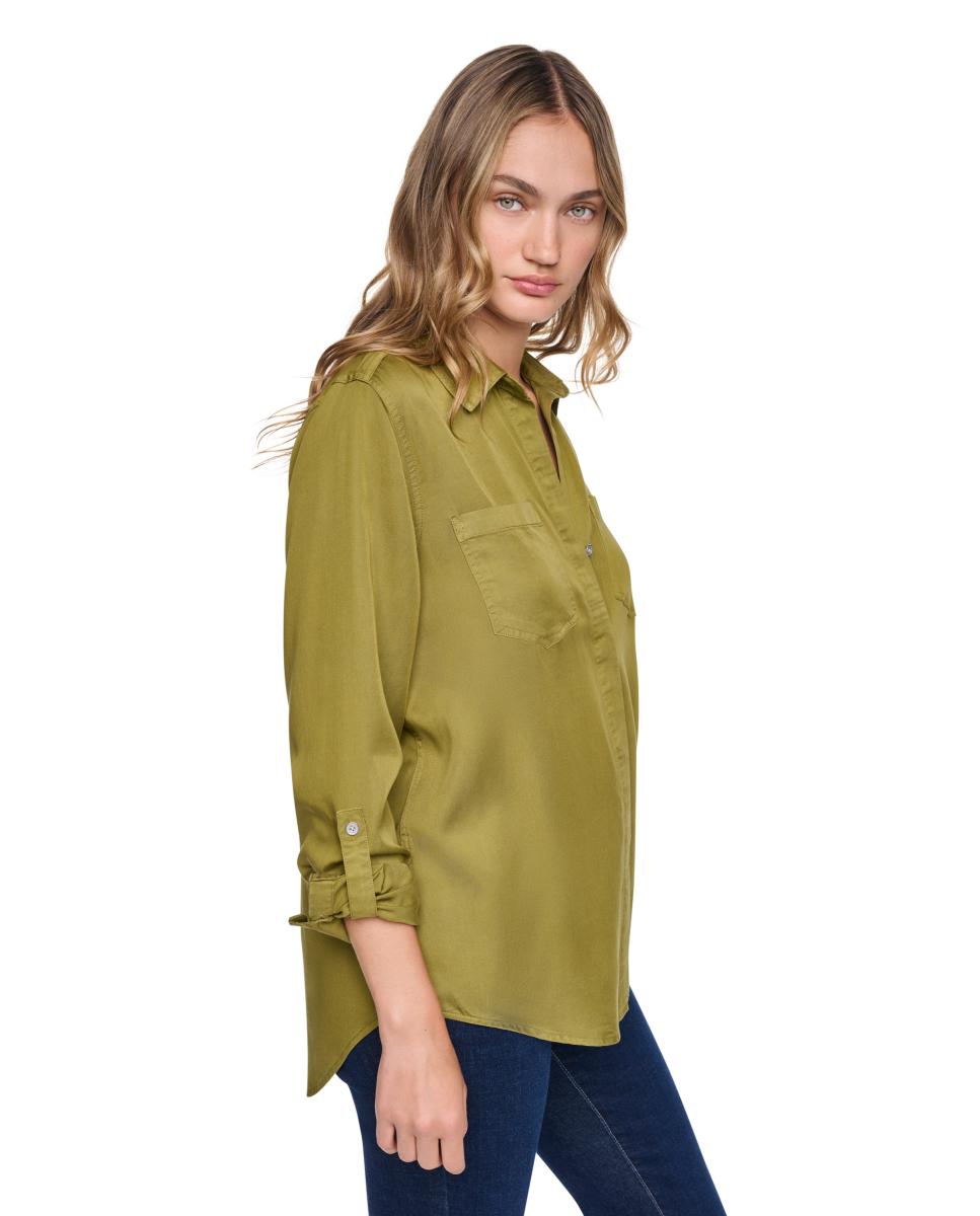 Camisa Fluida de Manga Comprida com Fecho de Botões e Abertura Traseira Verde-militar-2