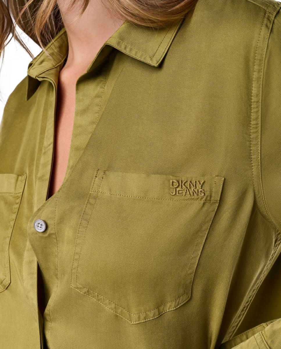 Camisa Fluida de Manga Comprida com Fecho de Botões e Abertura Traseira Verde-militar-4