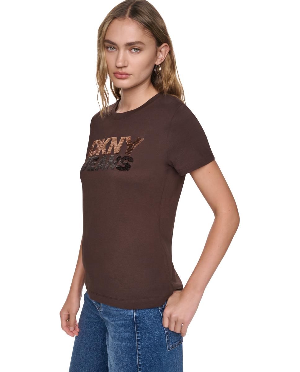 T-shirt de Manga Curta e Decote Redondo com Logótipo de Lantejoulas Castanho-escuro-3