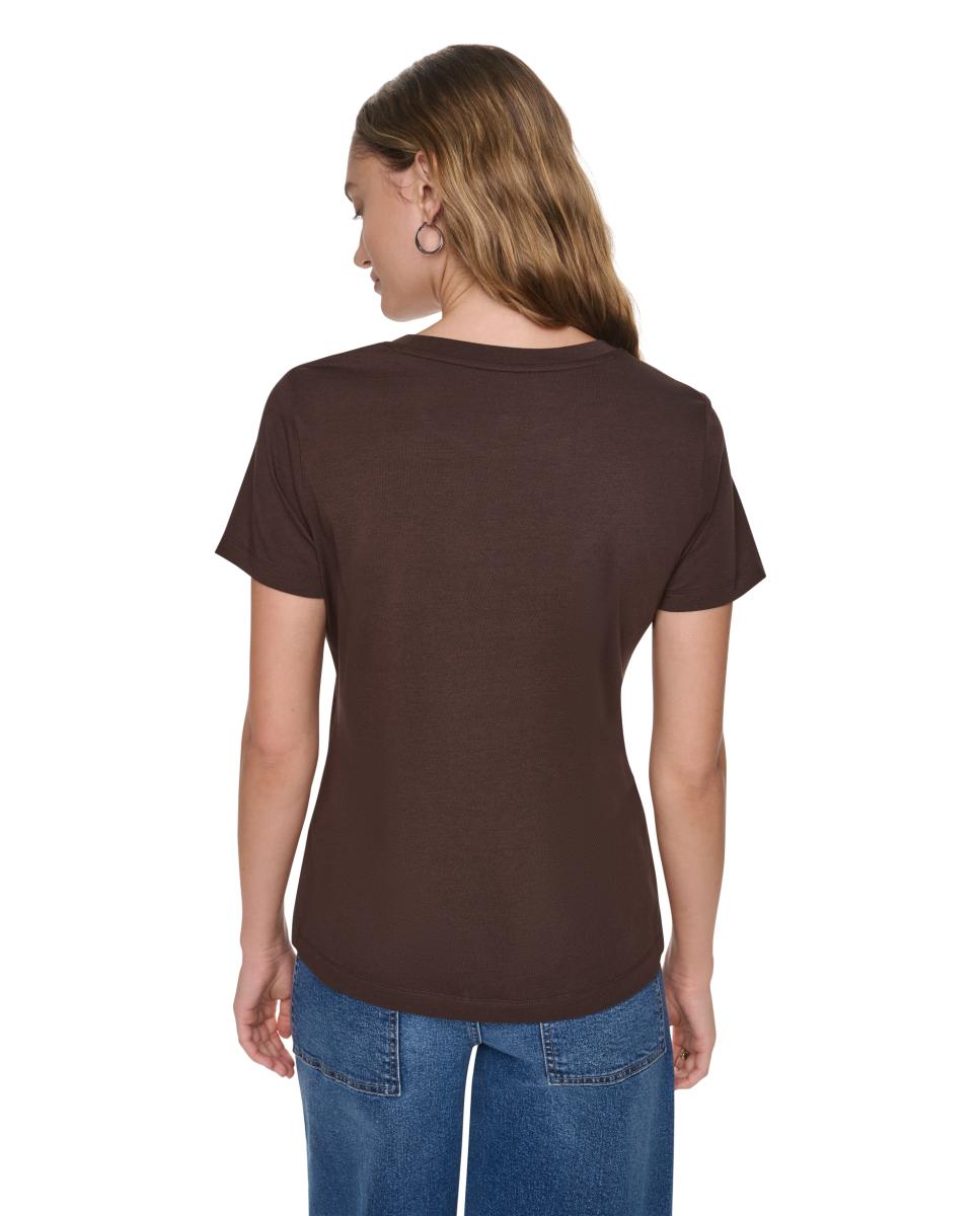 T-shirt de Manga Curta e Decote Redondo com Logótipo de Lantejoulas Castanho-escuro-4