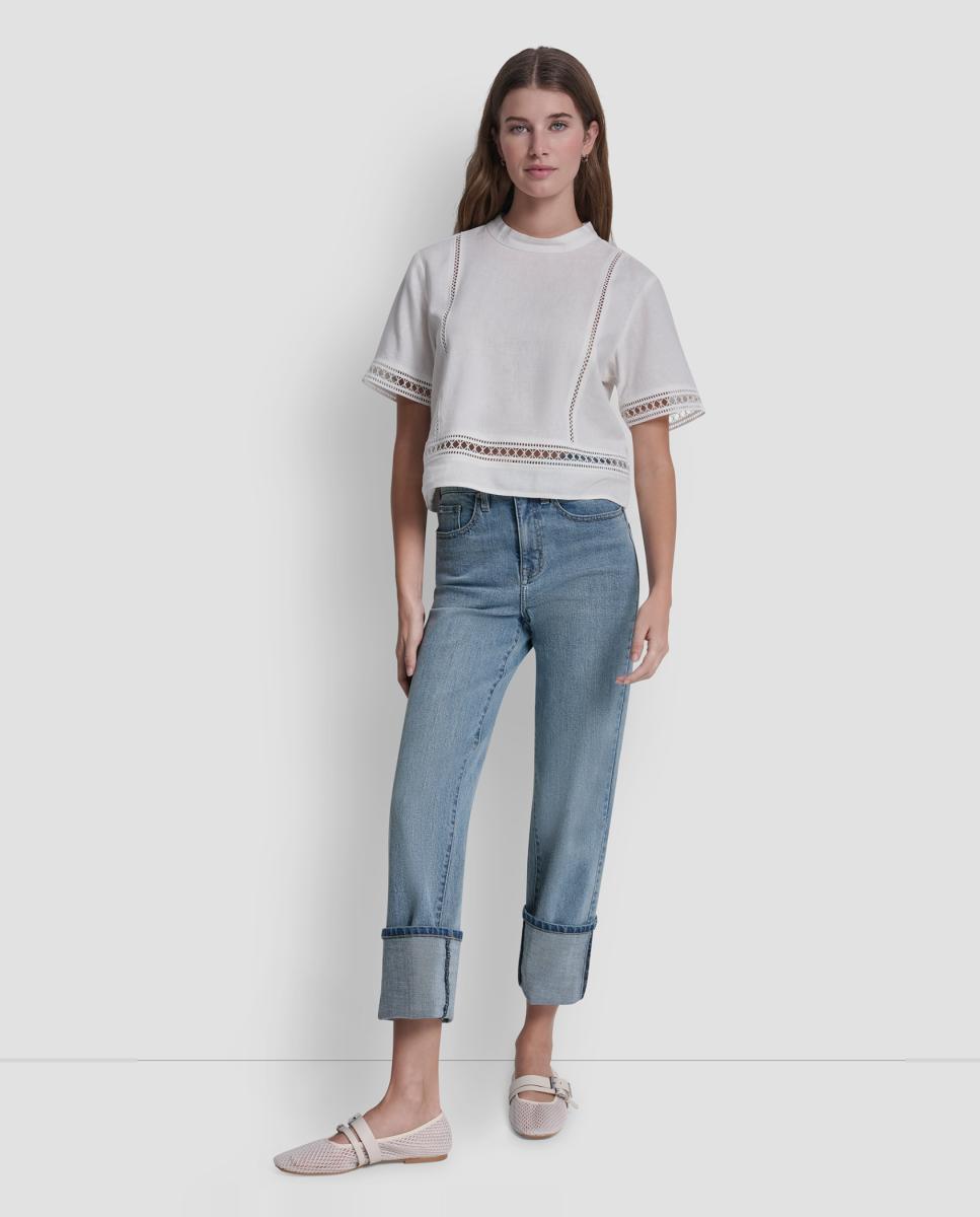Blusa de manga curta com detalhe de aberturas Branco-5