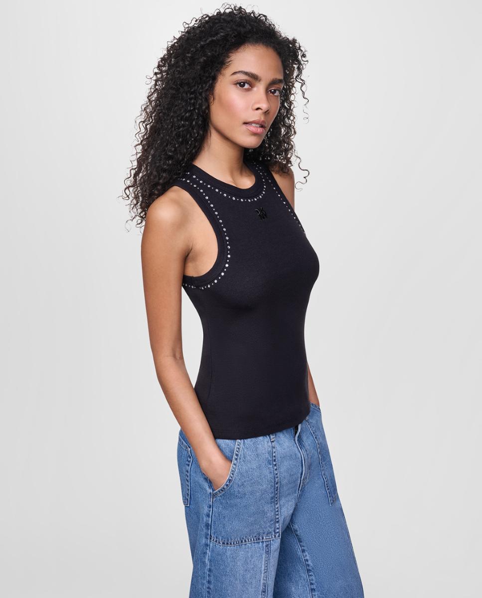 Top sem Mangas com Decote Redondo e Detalhe de Tachas Preto-4