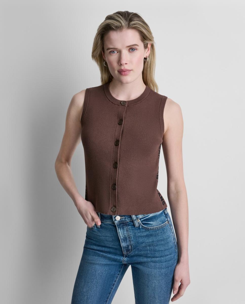 Top de mujer sin mangas con cierre de botones y detalle de banda lateral con logotipo - Dkny Jeans - Marrón oscuro Marrón oscuro-1