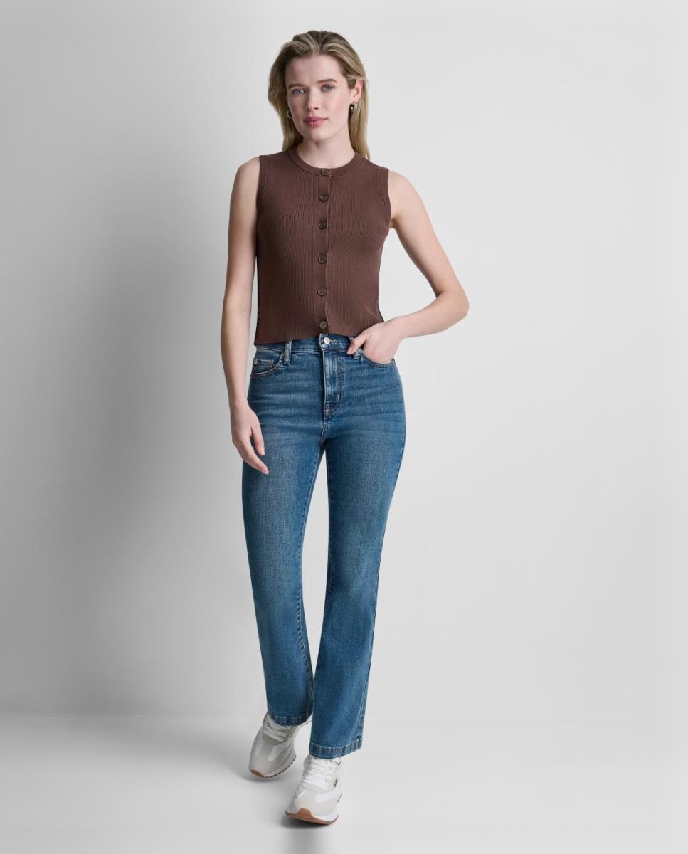 Top de mujer sin mangas con cierre de botones y detalle de banda lateral con logotipo - Dkny Jeans - Marrón oscuro Marrón oscuro-3