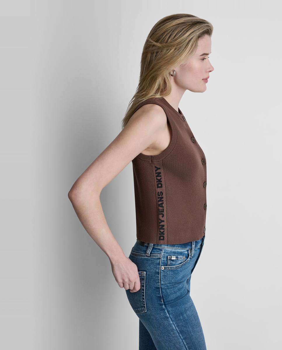 Top de mujer sin mangas con cierre de botones y detalle de banda lateral con logotipo - Dkny Jeans - Marrón oscuro Marrón oscuro-5
