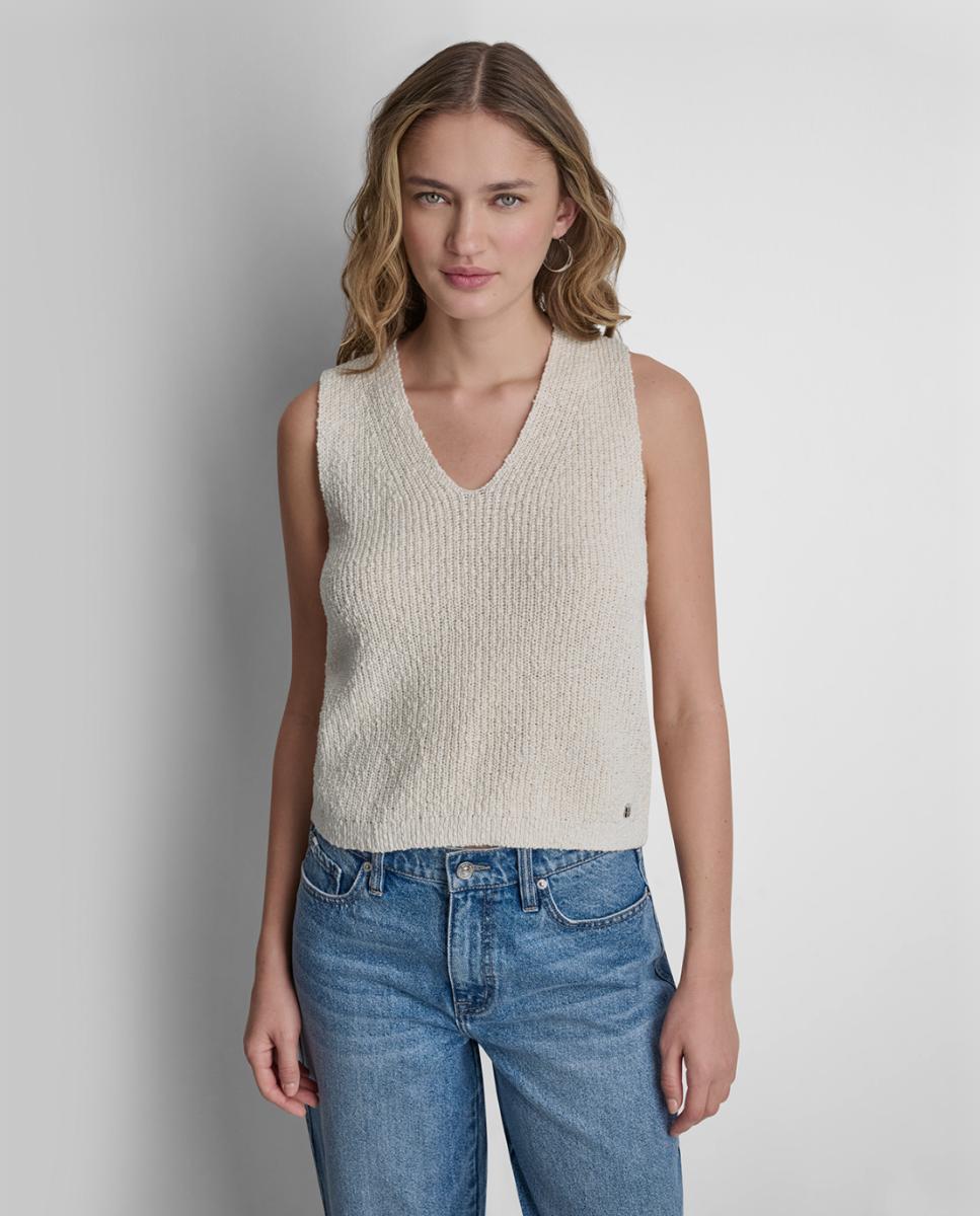 Top de mujer sin mangas y escote de pico - Dkny Jeans - Crema Crema-1