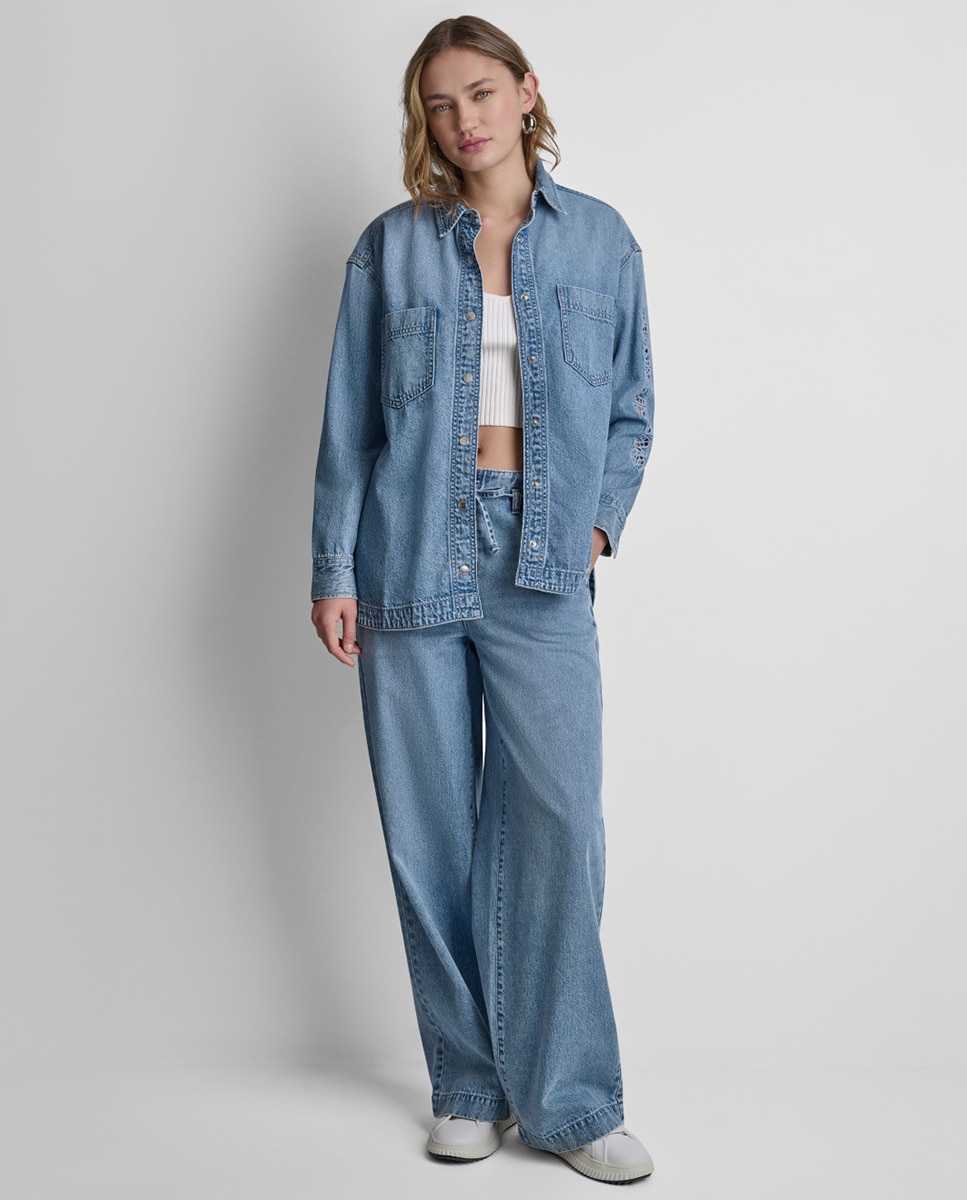 Camisa de Ganga com Fecho de Botões e Bolsos Tipo Remendo Azul-claro-2