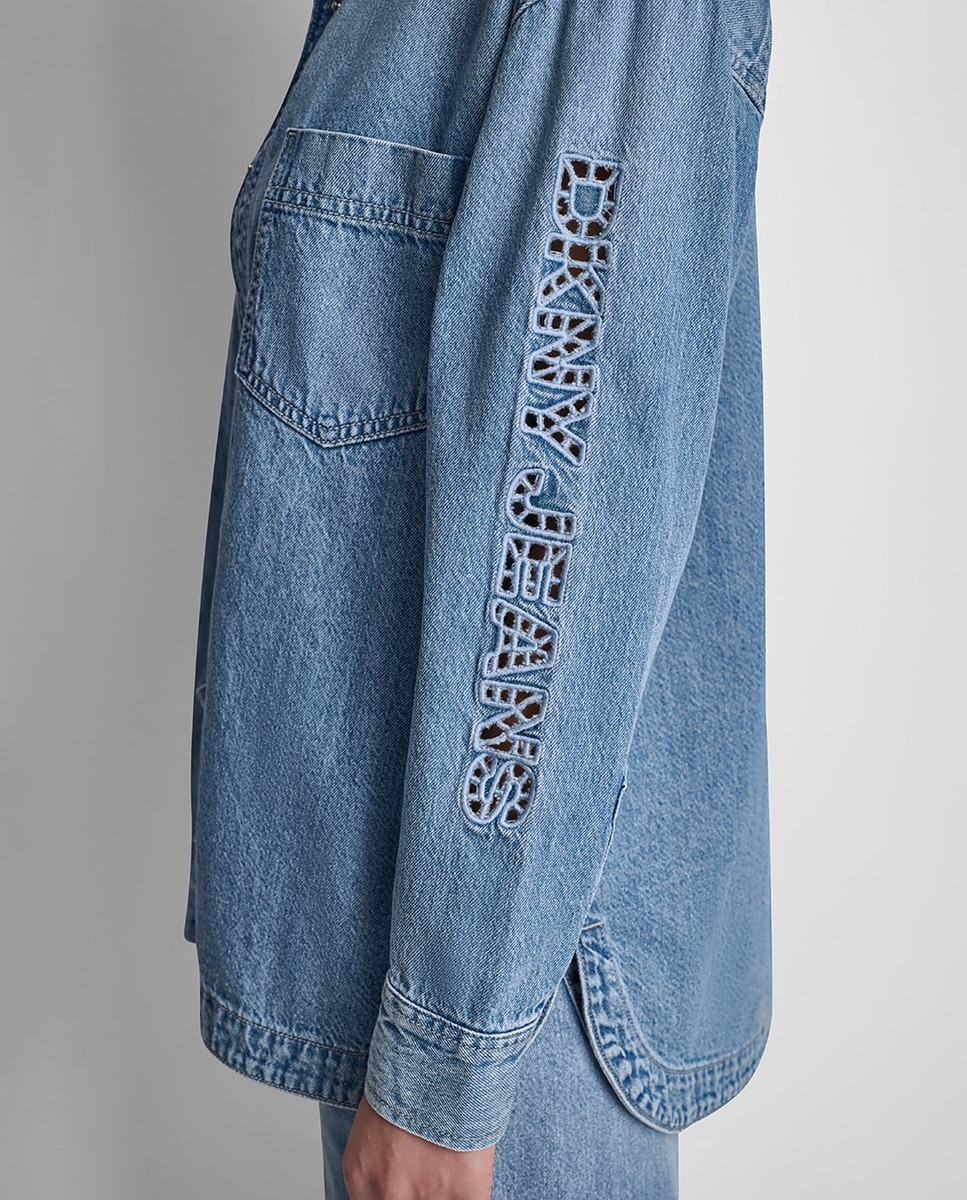 Camisa de Ganga com Fecho de Botões e Bolsos Tipo Remendo Azul-claro-3