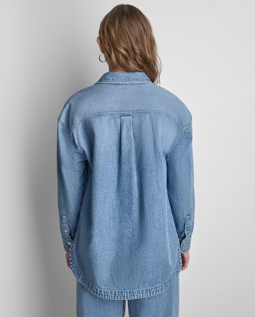 Camisa de Ganga com Fecho de Botões e Bolsos Tipo Remendo Azul-claro-4