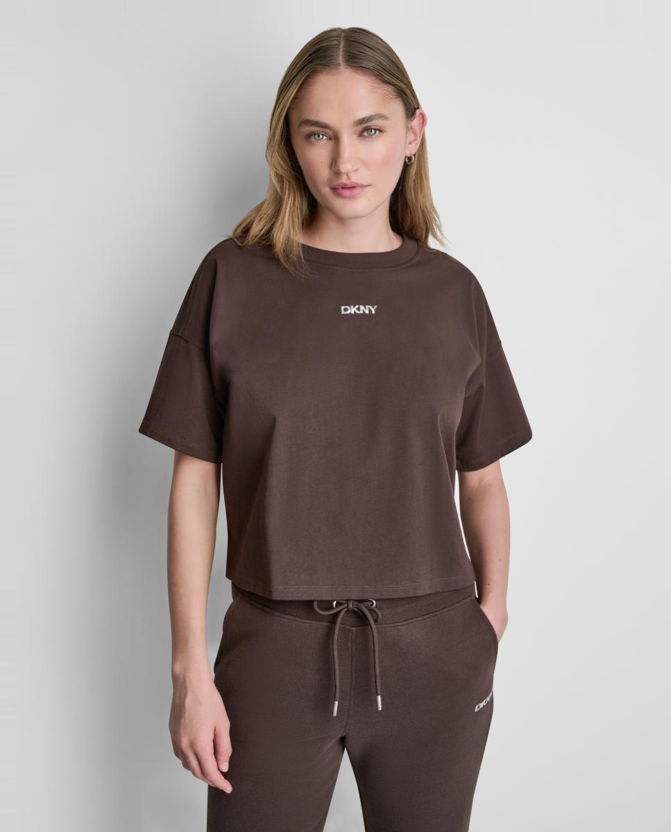 Camiseta de mujer de manga corta y detalle de logo metallic bubble - Dkny Jeans - Marrón oscuro Marrón oscuro-1