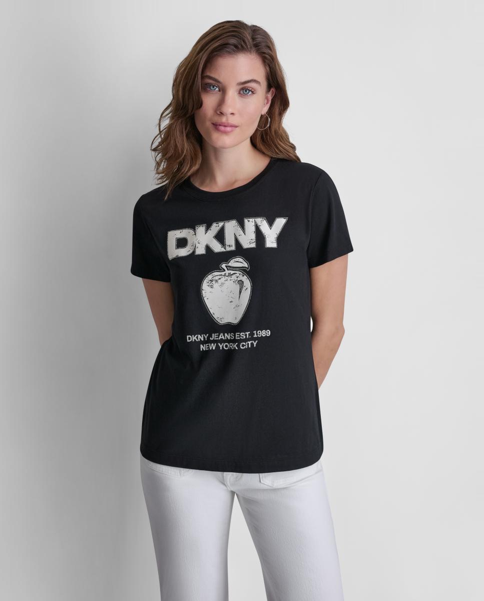 Camiseta de mujer de manga corta y cuello redondo con detalle de gráfico y logotipo - Dkny Jeans - Negro Negro-1