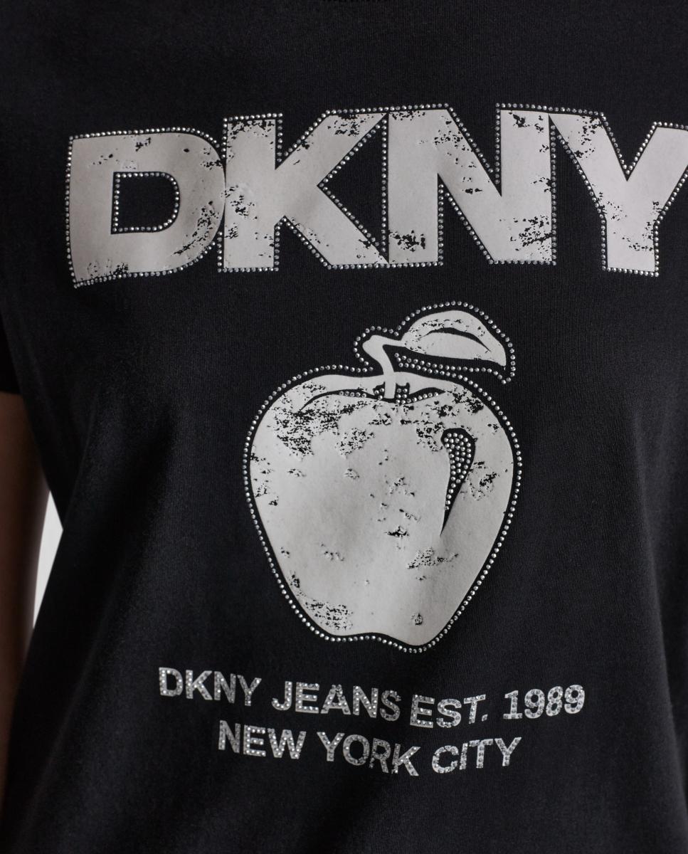 Camiseta de mujer de manga corta y cuello redondo con detalle de gráfico y logotipo - Dkny Jeans - Negro Negro-3