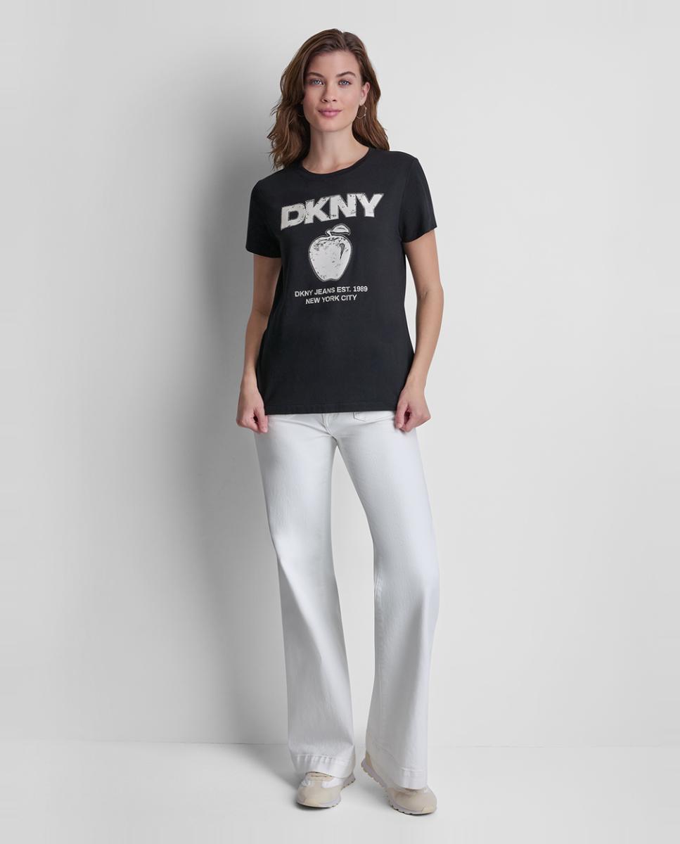 Camiseta de mujer de manga corta y cuello redondo con detalle de gráfico y logotipo - Dkny Jeans - Negro Negro-5