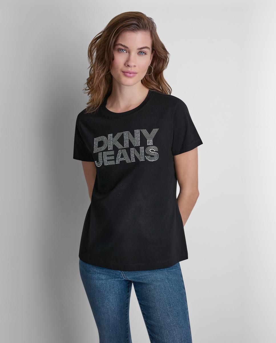 Camiseta de mujer de manga corta y cuello redondo con logotipo de tachuelas - Dkny Jeans - Negro Negro-1