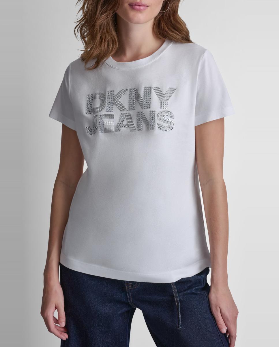 Camiseta de mujer de manga corta y cuello redondo con logotipo de tachuelas - Dkny Jeans - Blanco Blanco-1