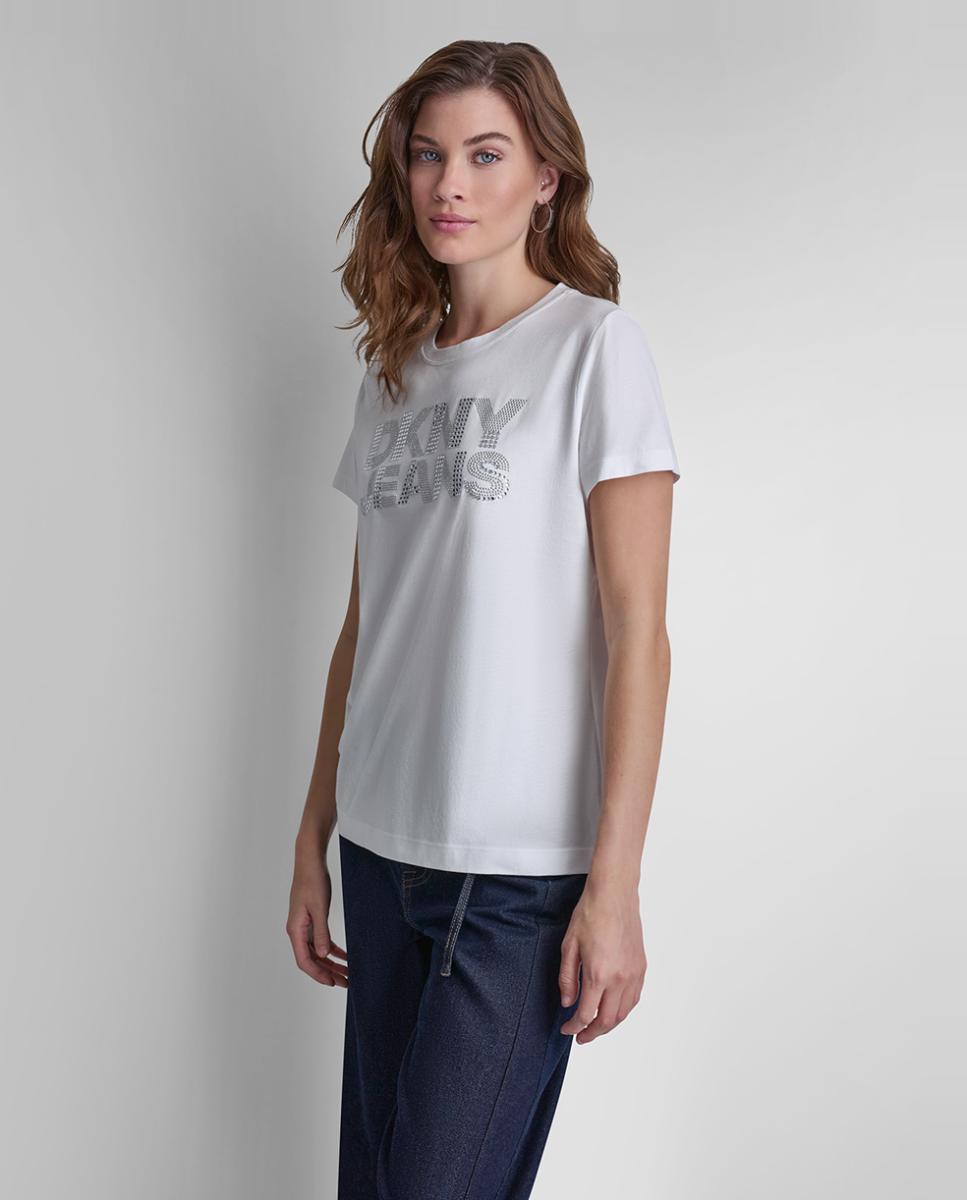 Camiseta de mujer de manga corta y cuello redondo con logotipo de tachuelas - Dkny Jeans - Blanco Blanco-3