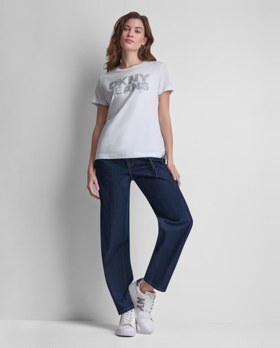 Camiseta de mujer de manga corta y cuello redondo con logotipo de tachuelas - Dkny Jeans - Blanco Blanco-5