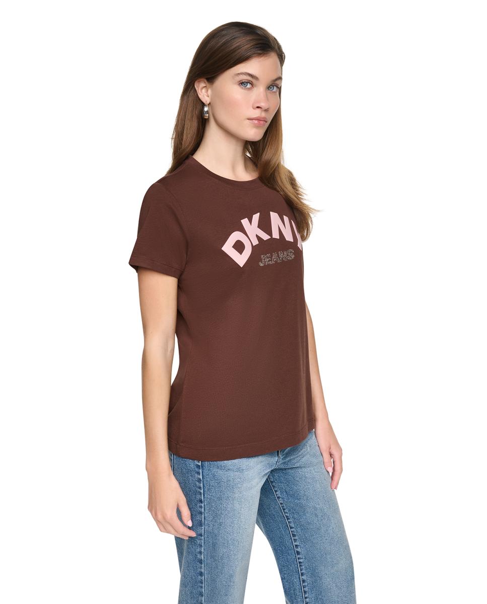 T-shirt de Manga Curta e Decote Redondo com Logótipo em Contraste Castanho-escuro-3