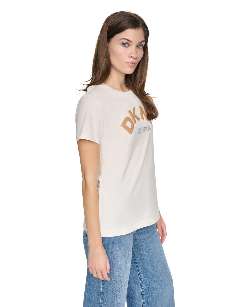 T-shirt de Manga Curta e Decote Redondo com Logótipo em Contraste Bege-2