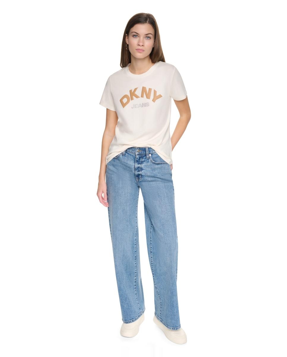 T-shirt de Manga Curta e Decote Redondo com Logótipo em Contraste Bege-5
