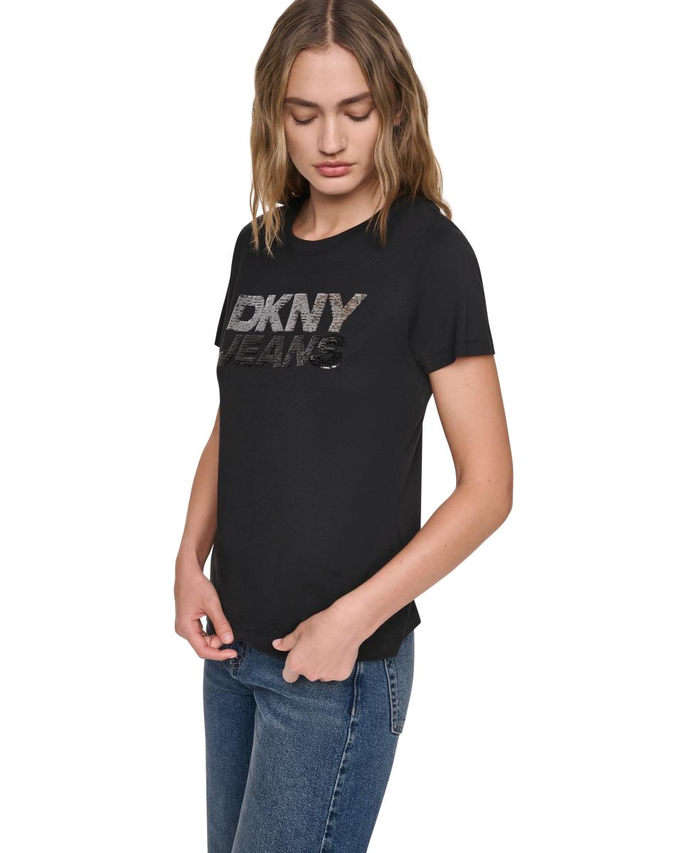T-shirt de Manga Curta e Decote Redondo com Logótipo de Lantejoulas em Contraste Preto-2