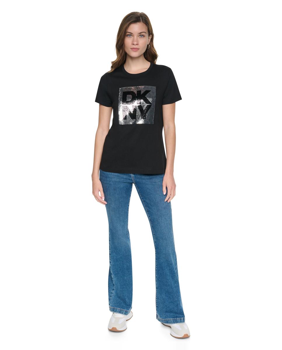 T-shirt de Manga Curta e Decote Redondo com Logótipo de Lantejoulas Multiposições Preto-5