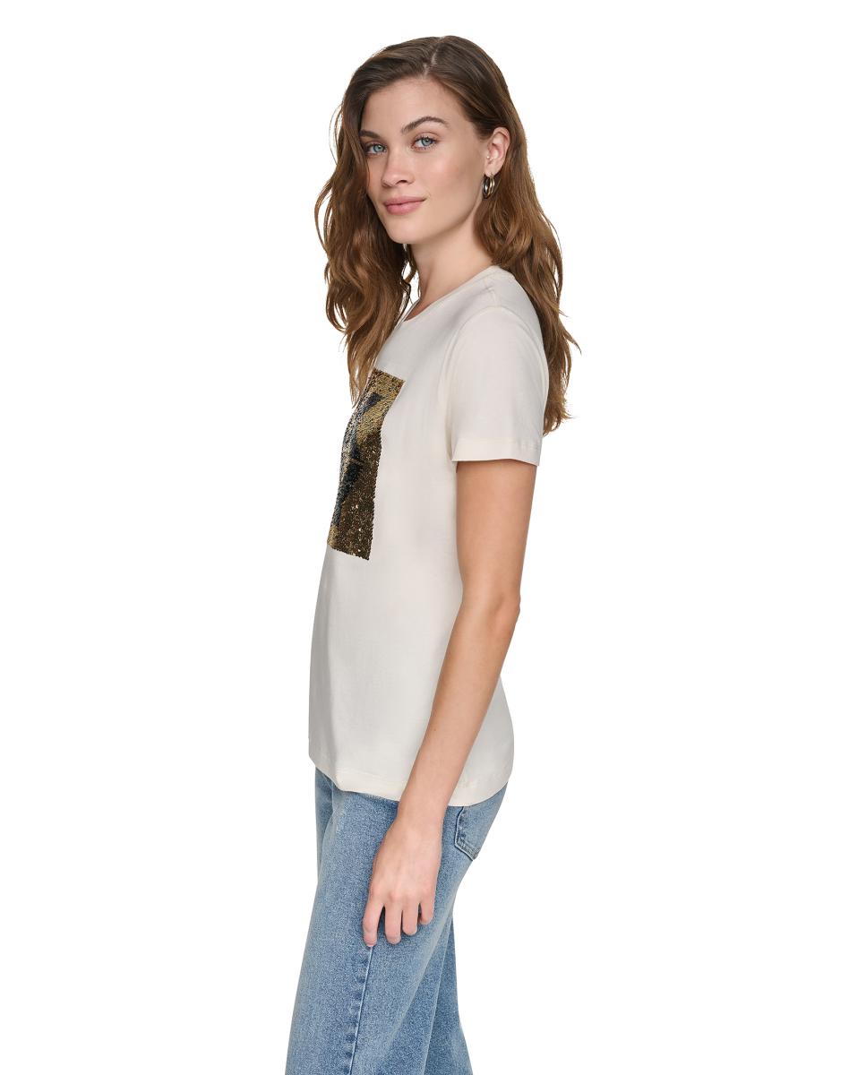 T-shirt de Manga Curta e Decote Redondo com Logótipo de Lantejoulas Multiposições Bege-2