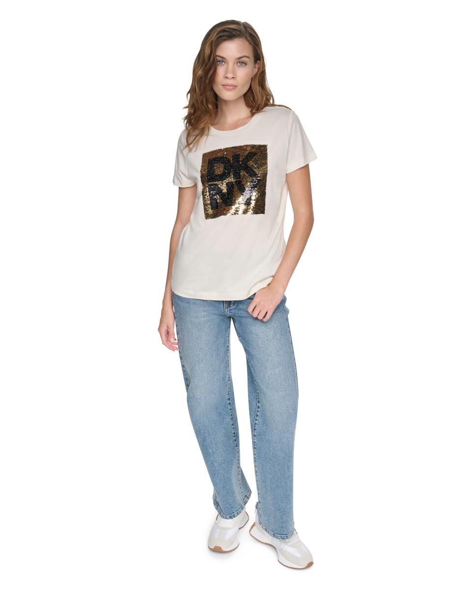 T-shirt de Manga Curta e Decote Redondo com Logótipo de Lantejoulas Multiposições Bege-5