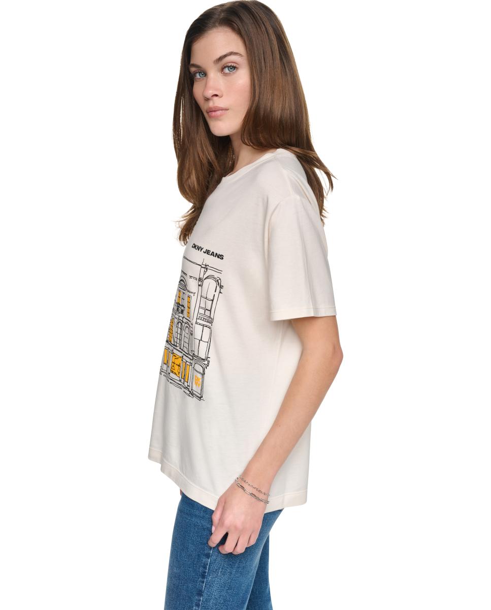 T-shirt de Manga Curta e Decote Redondo com Ilustração Representativa da Marca Bege-3