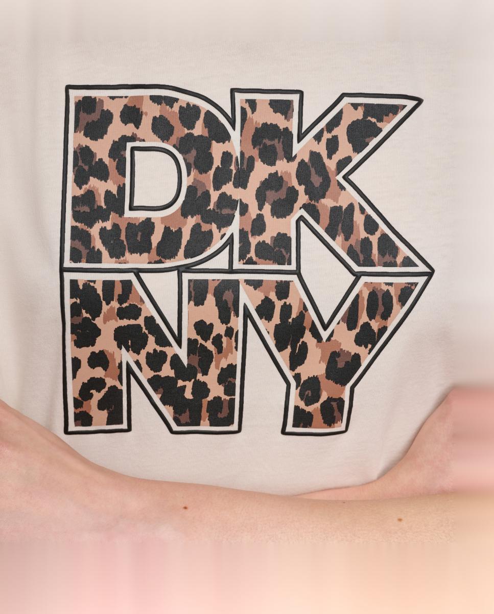 T-shirt de Manga Curta e Decote Redondo com Logótipo de Animal Print Bege-5