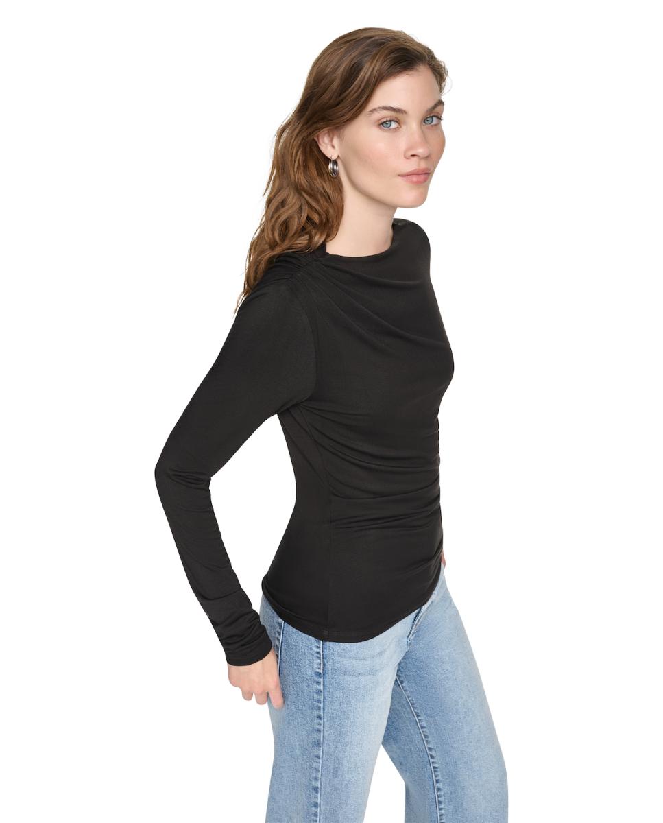 Camisola de Manga Comprida e Gola Fechada com Detalhe de Drapeado num dos Lados Preto-3