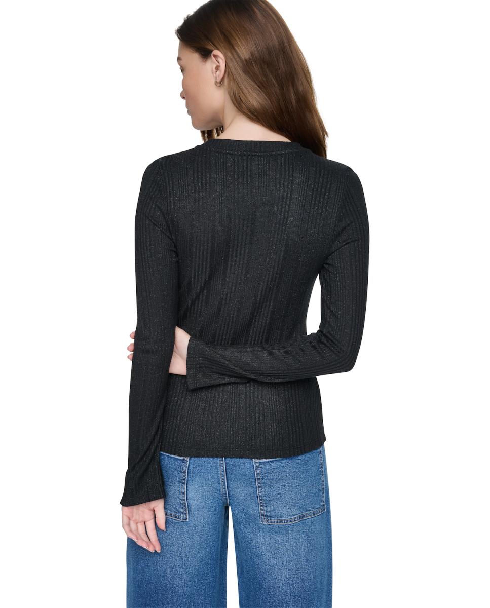 Camisola de Manga Comprida e Decote Redondo com Detalhe de Botões num dos Ombros Preto-3