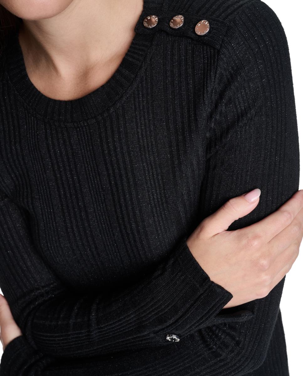Camisola de Manga Comprida e Decote Redondo com Detalhe de Botões num dos Ombros Preto-4