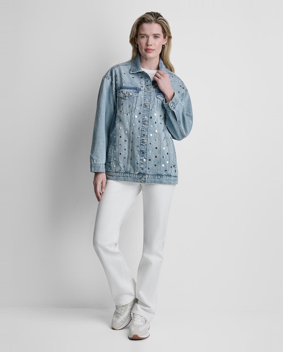 Casaco de Ganga com Fecho de Botões e Detalhe de Tachas Azul-claro-5