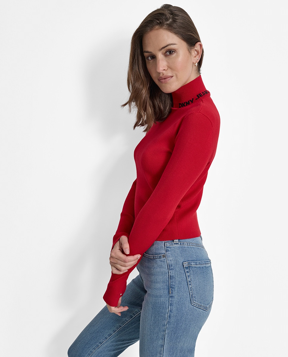 Camisola de Malha de Gola Alta com Logótipo Lateral e Manga Comprida Vermelho-3