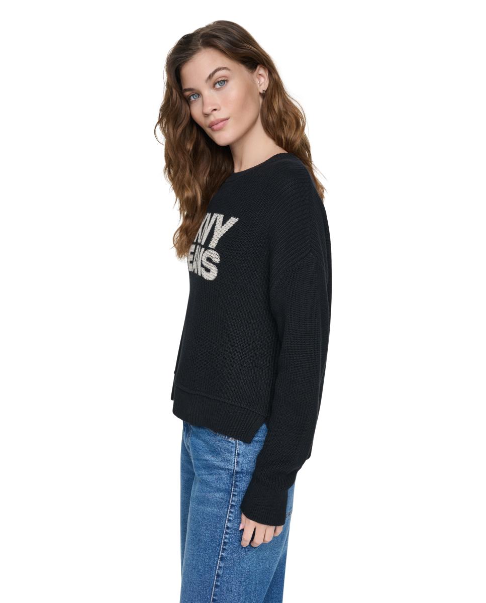Camisola de Malha de Decote Redondo com Logótipo em Contraste Preto-2