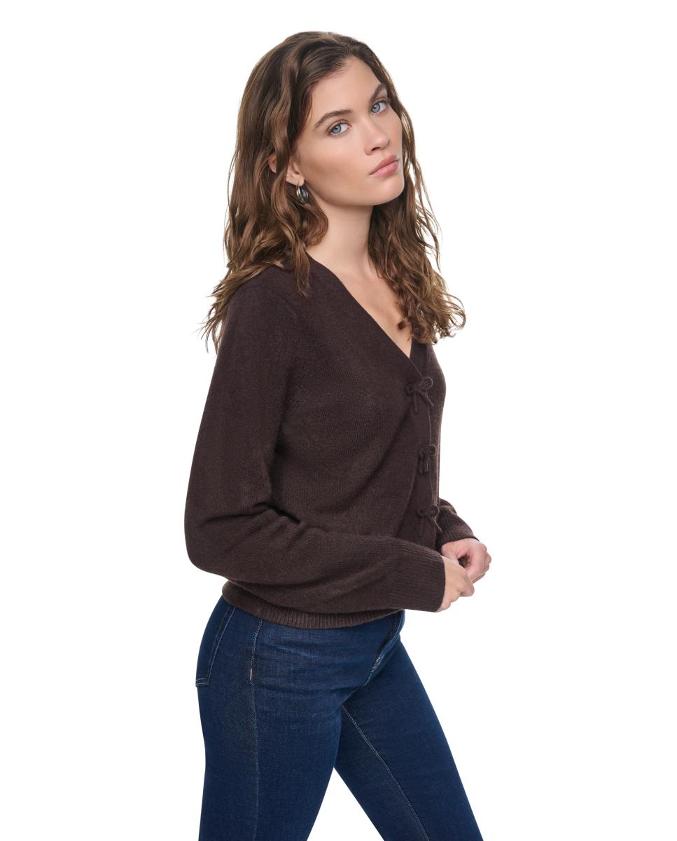 Cardigan com Decote em Bico e Fecho de Botões com Detalhe de Laços Castanho-escuro-2