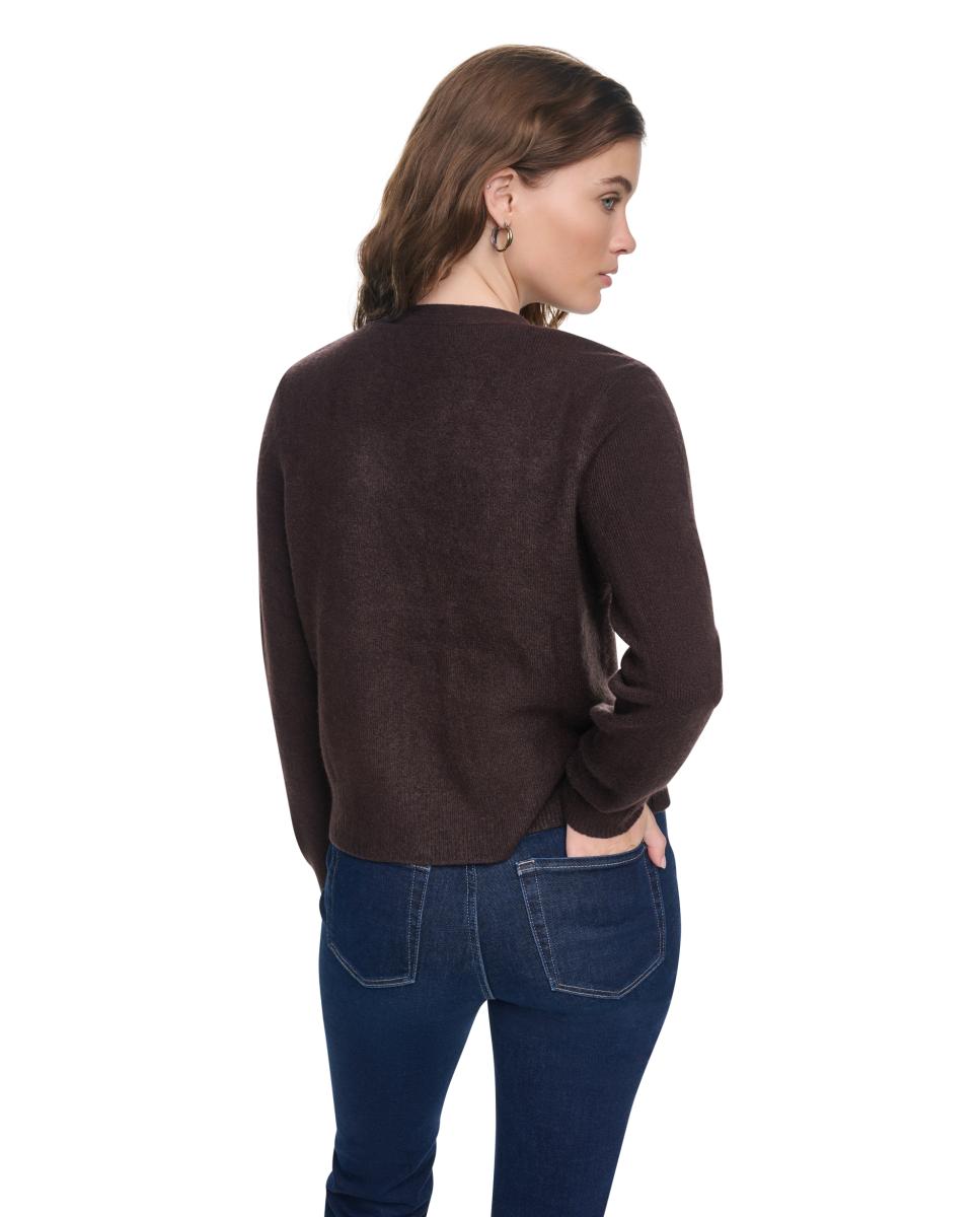 Cardigan com Decote em Bico e Fecho de Botões com Detalhe de Laços Castanho-escuro-3