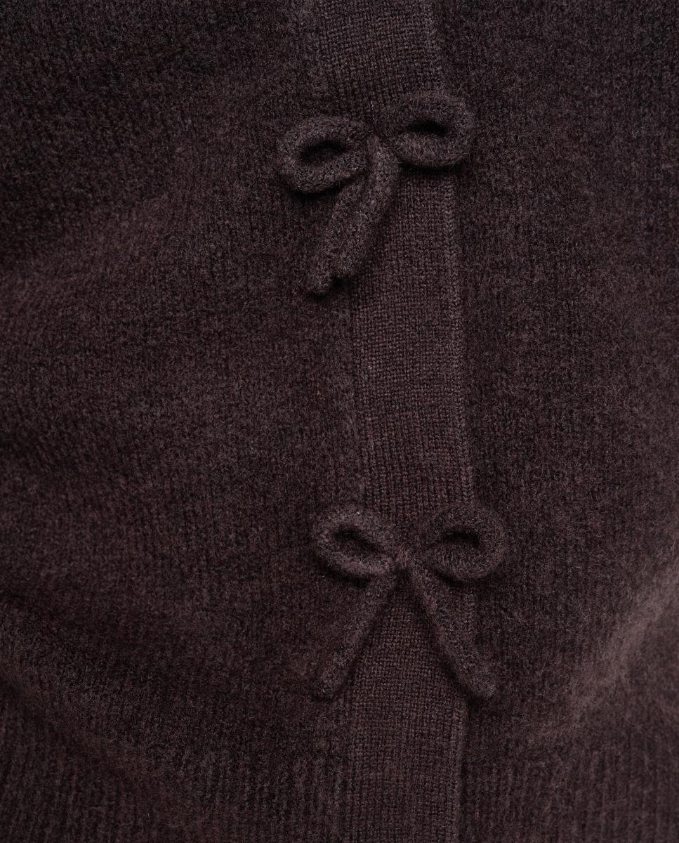 Cardigan com Decote em Bico e Fecho de Botões com Detalhe de Laços Castanho-escuro-4