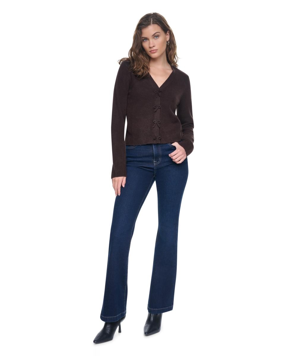 Cardigan com Decote em Bico e Fecho de Botões com Detalhe de Laços Castanho-escuro-5