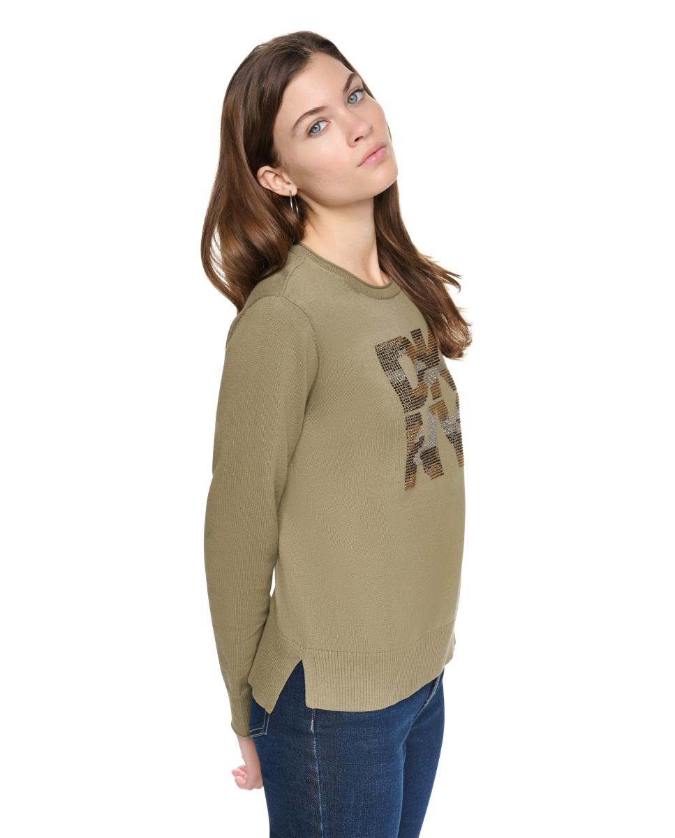 Camisola de Malha de Decote Redondo com Logótipo de Brilhantes Tipo Camuflagem Verde-militar-3