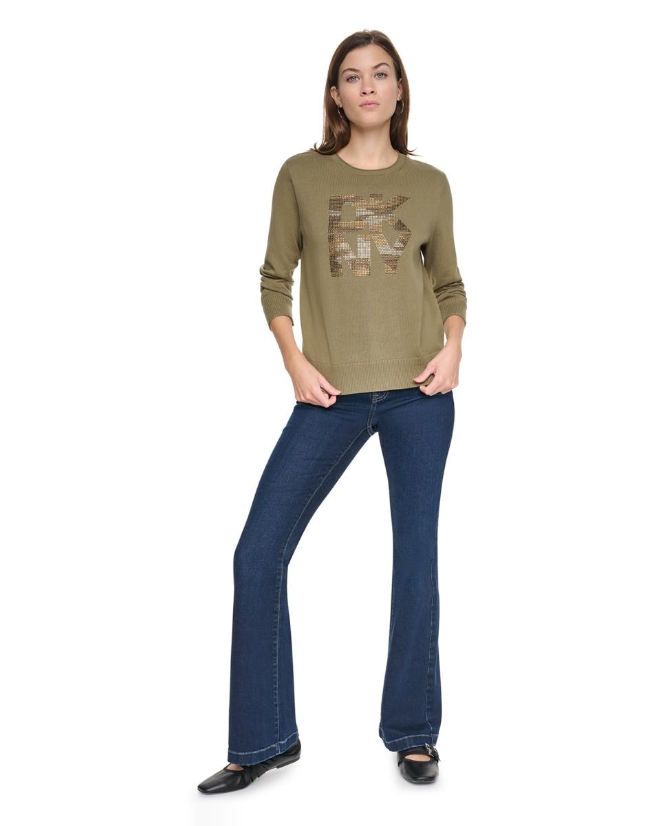 Camisola de Malha de Decote Redondo com Logótipo de Brilhantes Tipo Camuflagem Verde-militar-5
