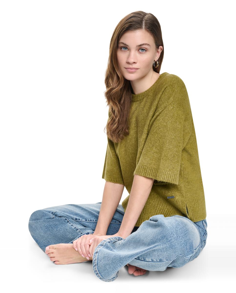 Camisola de Malha com Manga 3/4 e Decote Redondo Verde-2