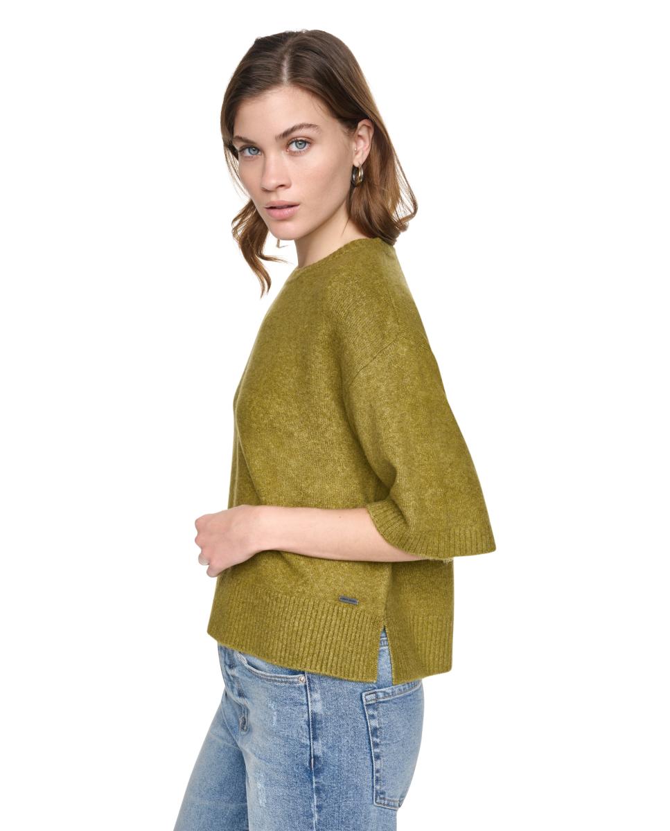 Camisola de Malha com Manga 3/4 e Decote Redondo Verde-3