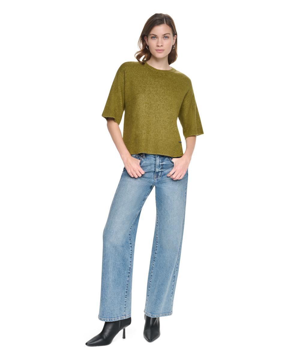 Camisola de Malha com Manga 3/4 e Decote Redondo Verde-5