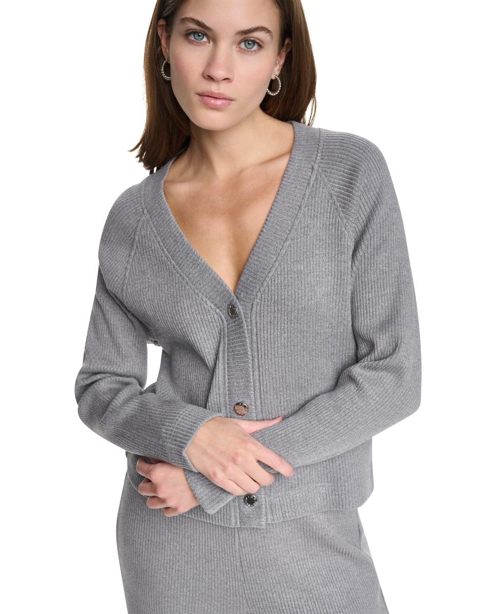 Cardigan de Manga Comprida, Decote em Bico e Fecho de Botões Cinzento-claro-4